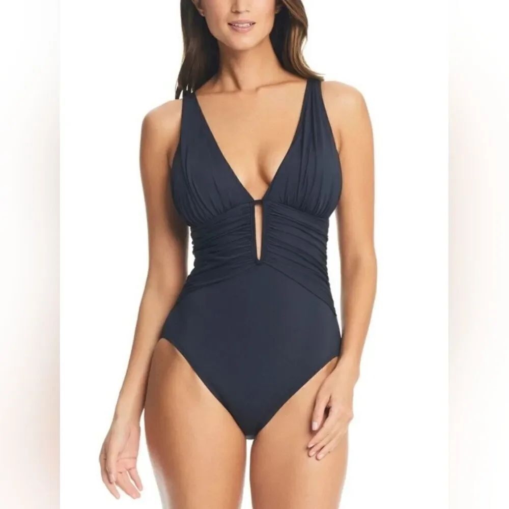 Bleu by Rod Beattie Ruched Plunge One-Piece Swimsuit NWOT Size 12 Black